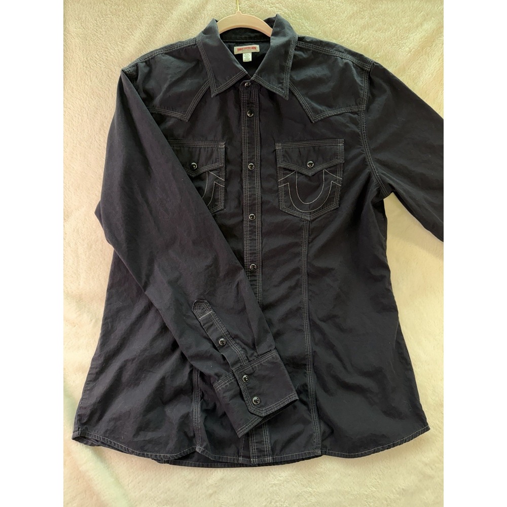 True Religion Men's XL Black Solid Point Collar Long Sleeve Button-Up Pockets